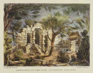 Sisäänkäynti luolaan, Richmond Gardens, levy 18 julkaisusta "Kew Gardens: A Series of Twenty-4 Drawings on Stone", kaivertanut Charles Hullmandel (1789-1850), julkaistu 1820 (käsinvärinen litho)